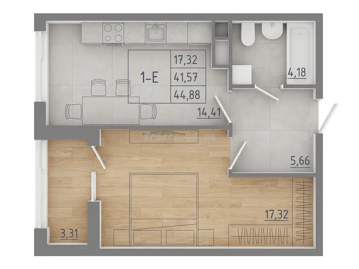 Однокомнатная квартира · 43.47 м² · ЖК Модерн