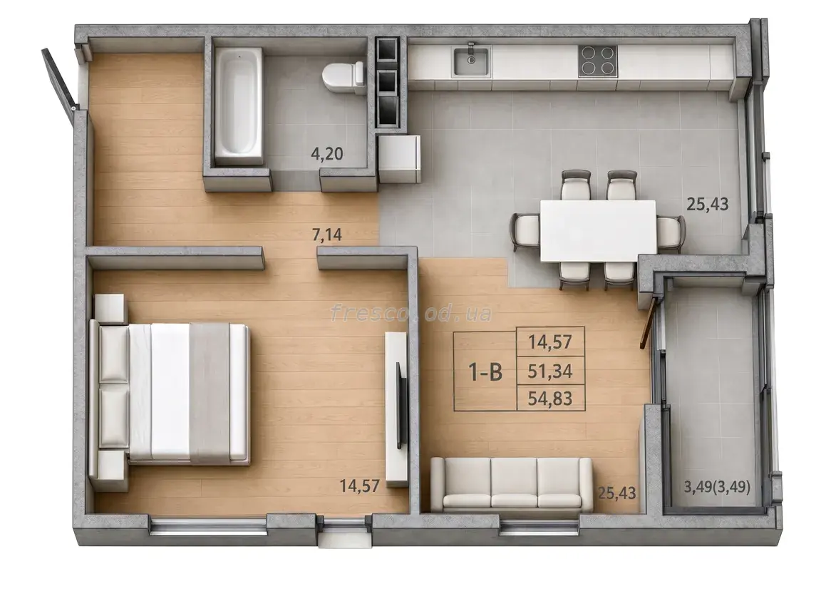 Однокомнатная квартира · 53.09 м² · ЖК Модерн