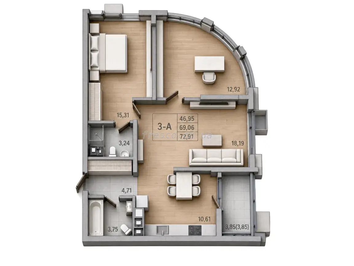 Трёхкомнатная квартира · 73.2 м² · ЖК Модерн