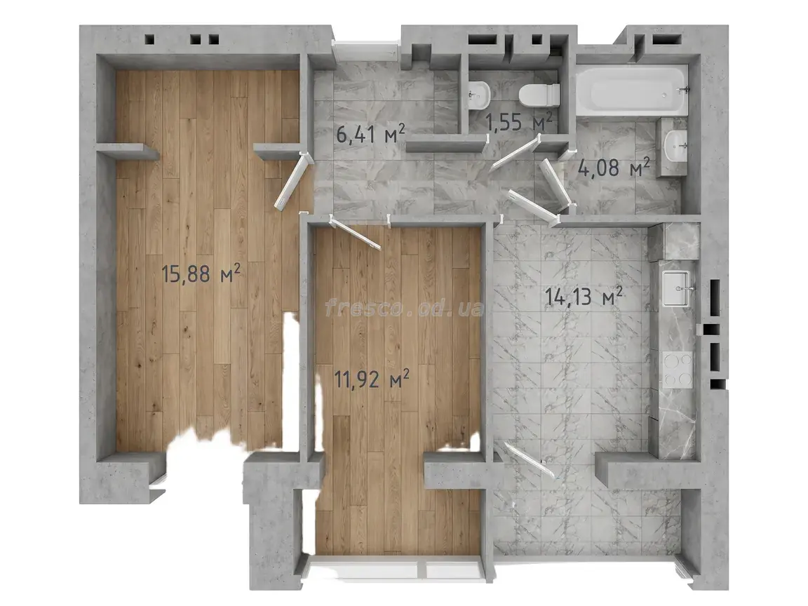 Двухкомнатная квартира · 53.97 м² · ЖК Одесская Чайка