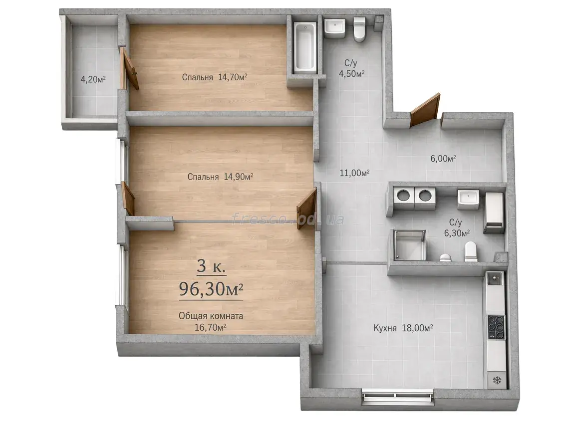 Трёхкомнатная квартира · 96.3 м² · ЖК Sky City
