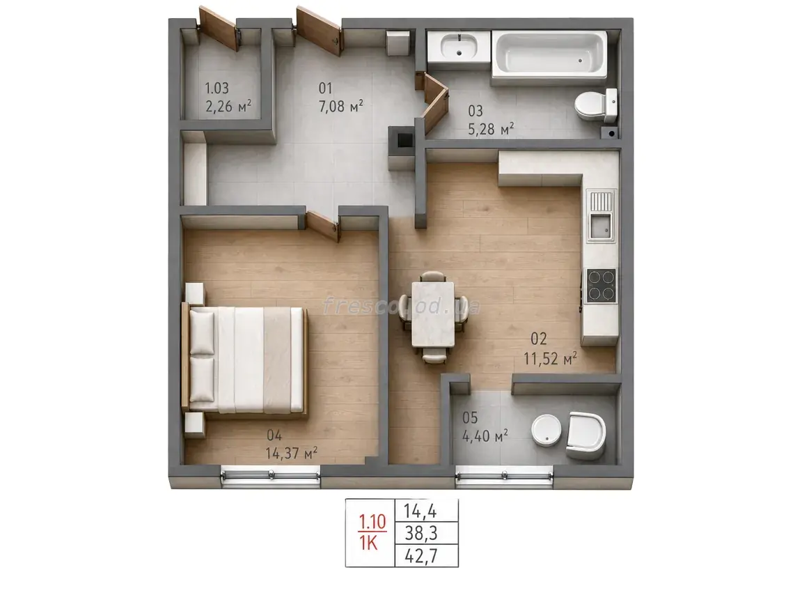 Однокомнатная квартира · 42.4 м² · ЖК Теплый дом плюс