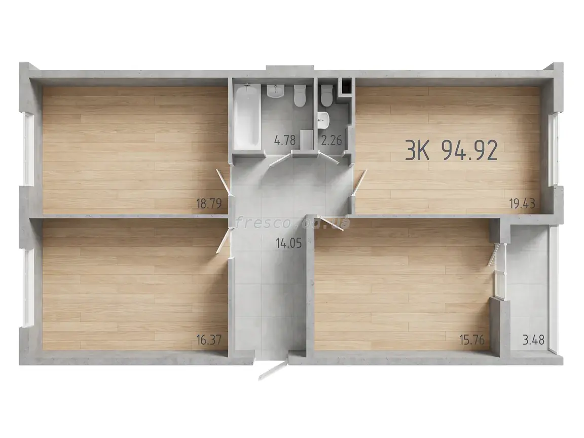 Трёхкомнатная квартира · 97.2 м² · ЖК 47 Жемчужина