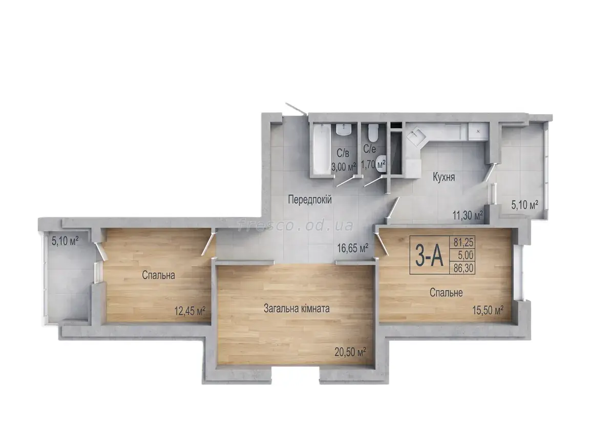 Трёхкомнатная квартира · 86.75 м² · ЖК Аврора