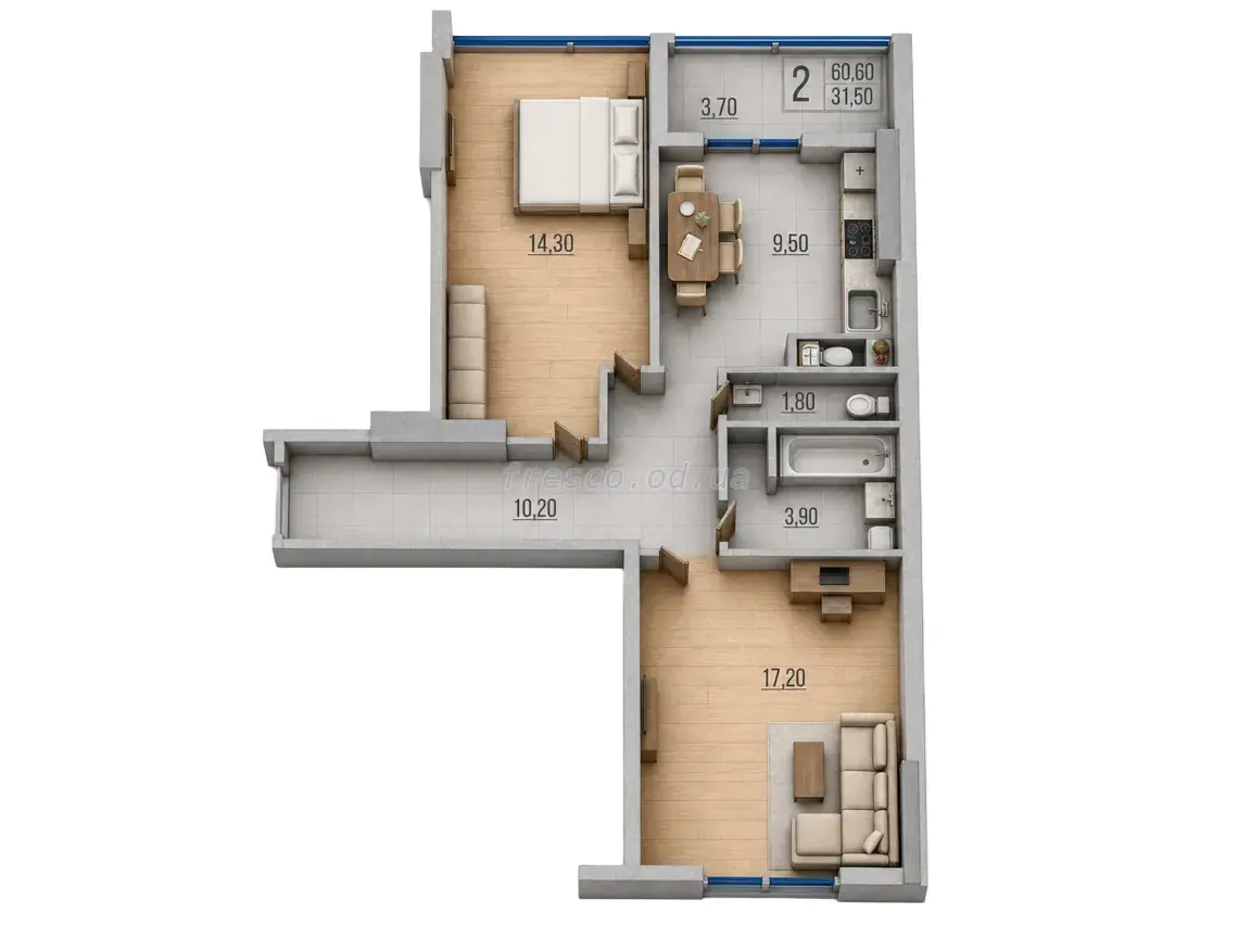 Двухкомнатная квартира · 61.1 м² · ЖК Бульвар Акаций
