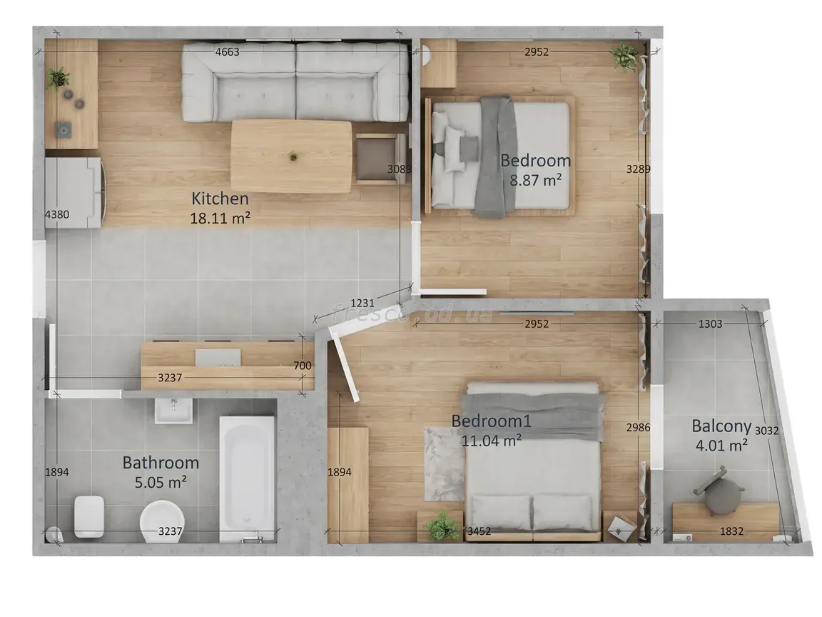 Двухкомнатная квартира · 48.2 м² · ЖК 4 сезона
