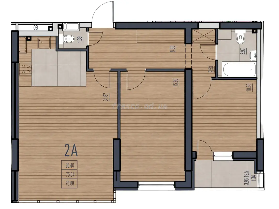 Двухкомнатная · 77.37 м² · ЖК Дерби