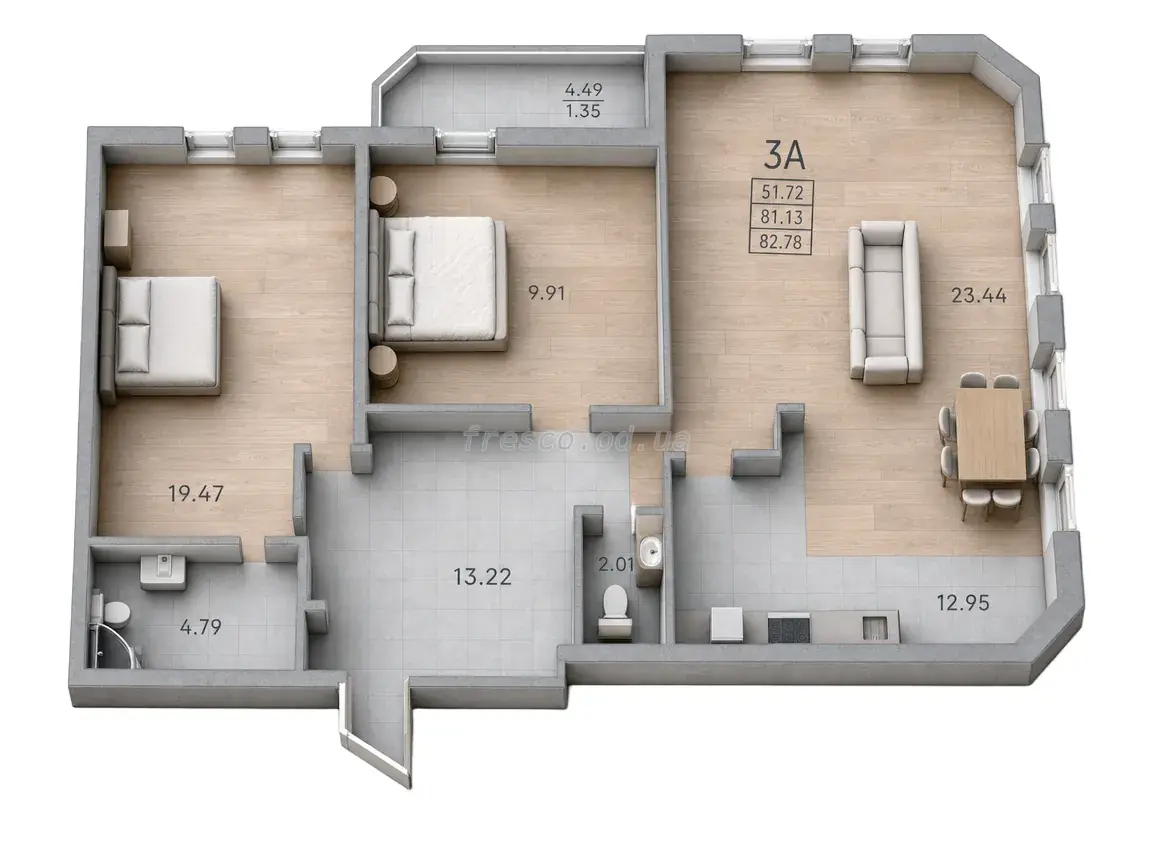 Трёхкомнатная квартира · 102.81 м² · ЖК Дом Потоцкого