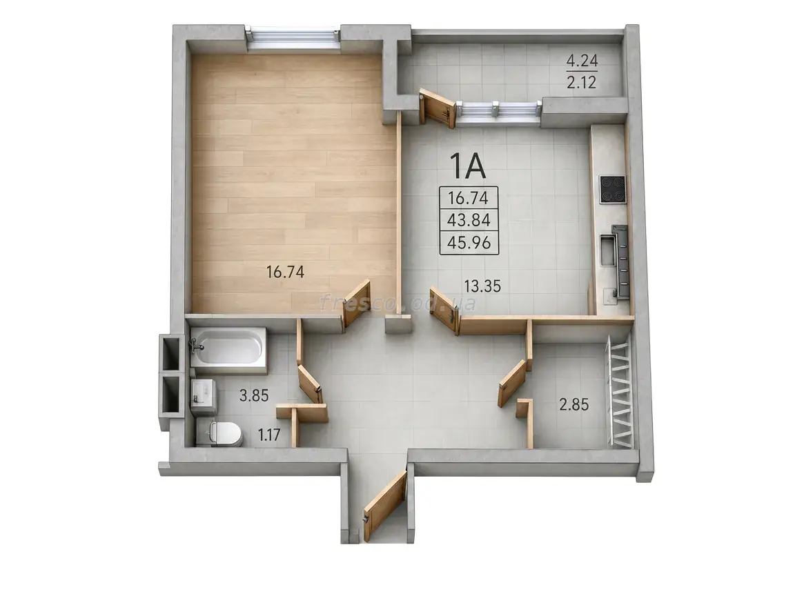 Однокомнатная квартира · 45.96 м² · ЖК Дом Потоцкого