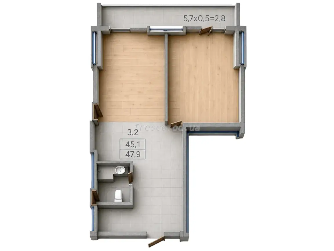 Однокомнатная квартира · 47.9 м² · ЖК ЭЛЛАДА