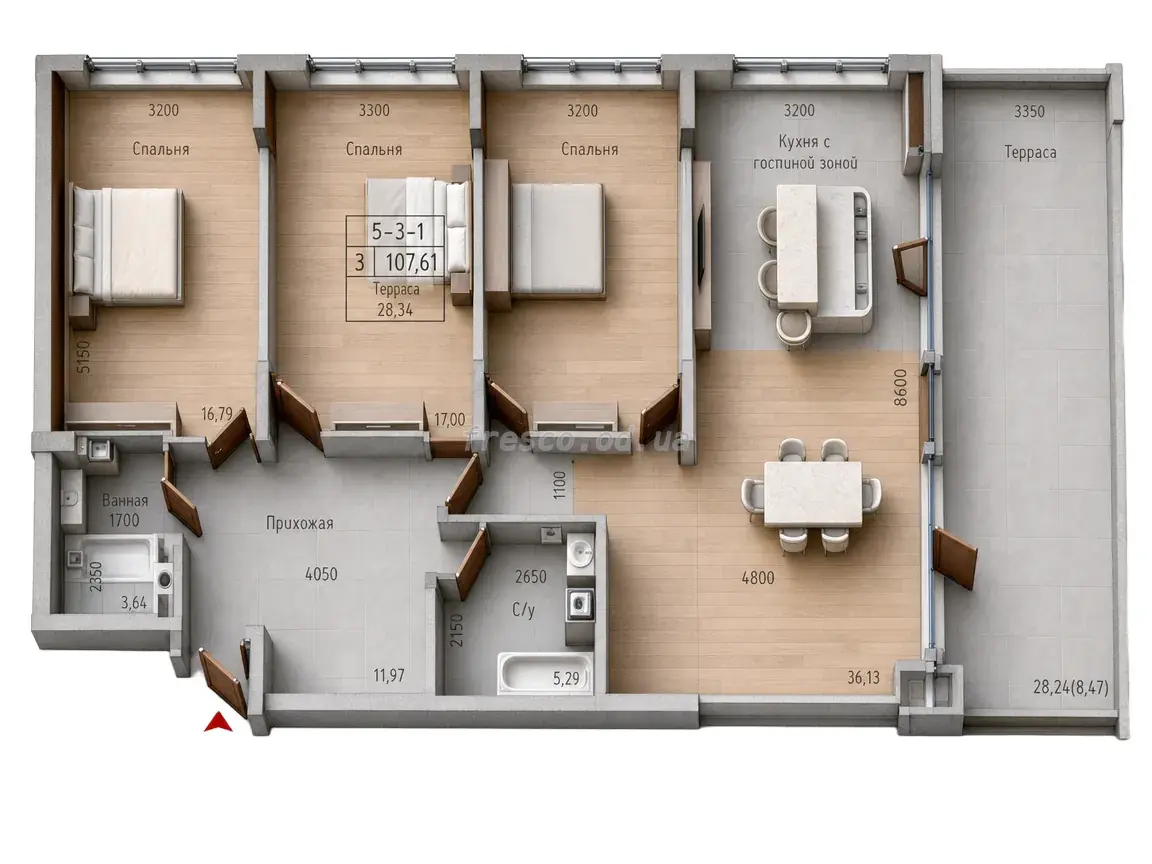 Трёхкомнатная · 118.6 м² · ЖК MARINIST residence (Маринист Резиденс)