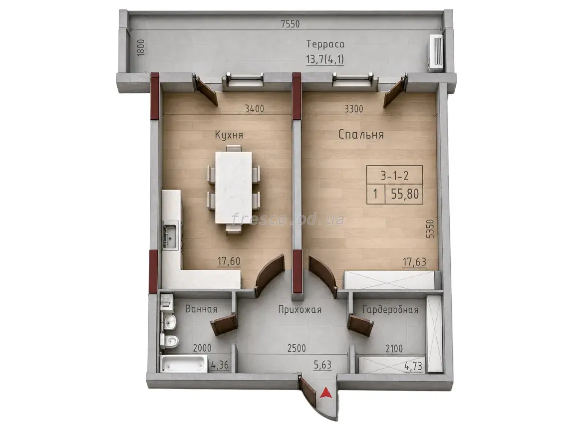 Однокомнатная квартира · 55.8 м² · ЖК MARINIST residence (Маринист Резиденс)