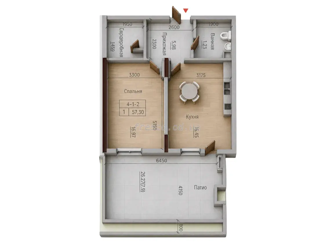 Однокомнатная · 57.3 м² · ЖК MARINIST residence (Маринист Резиденс)