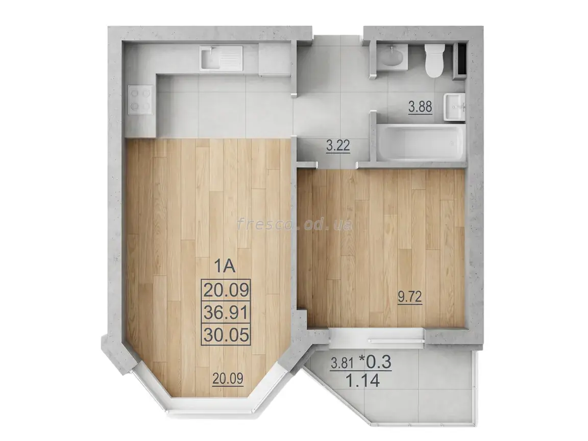 Однокомнатная квартира · 38.0 м² · ЖК Меридиан (MERIDIAN)