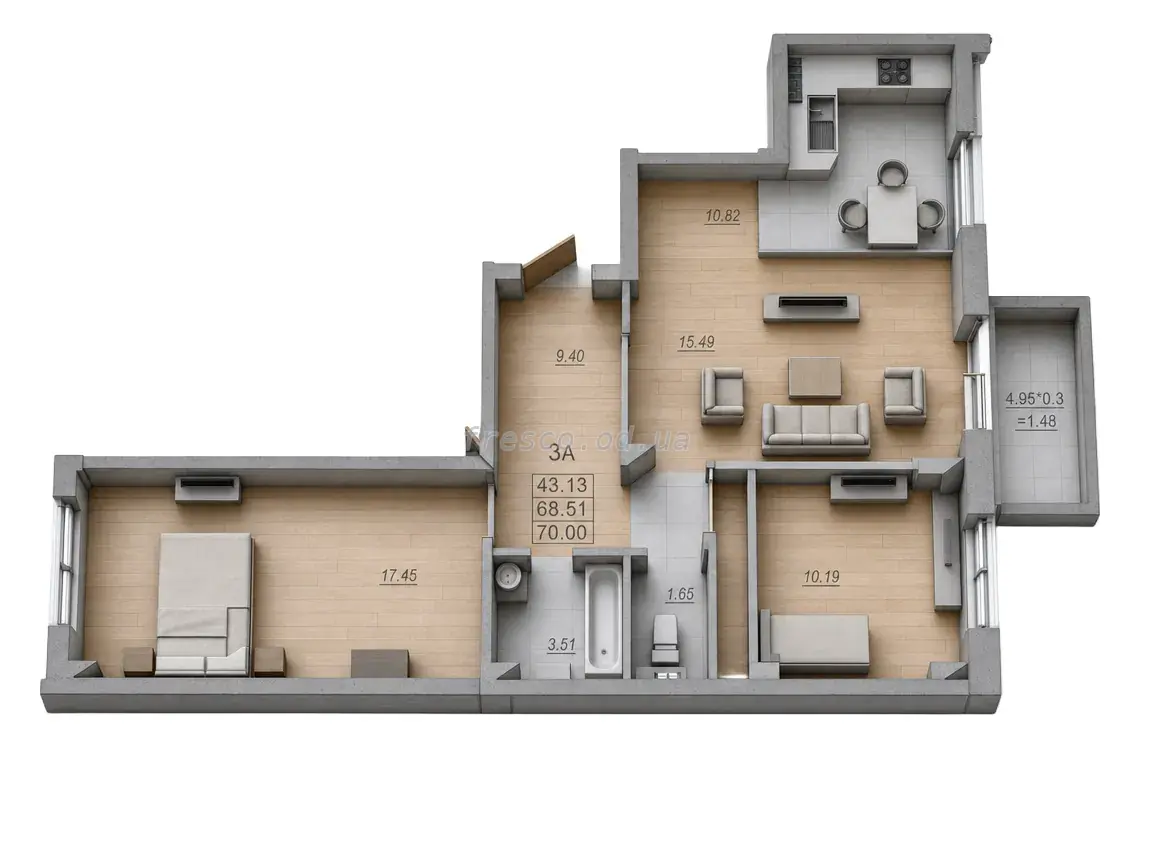 Трёхкомнатная квартира · 70.0 м² · ЖК Меридиан (MERIDIAN)