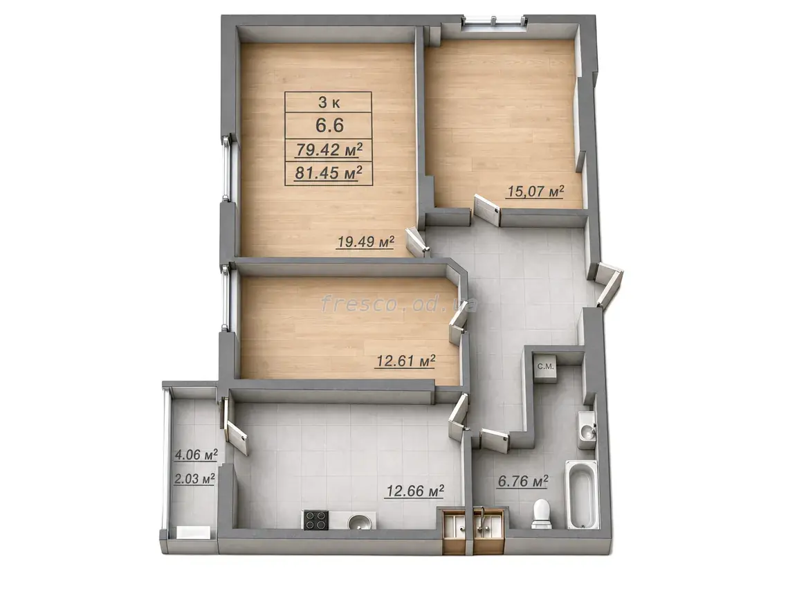 Трёхкомнатная квартира · 82.8 м² · ЖК Посейдон