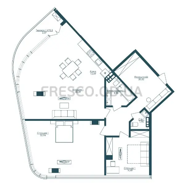Двухкомнатные апартаменты · 136.9 м² · ЖК Kandinsky