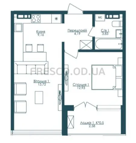 Однокомнатные апартаменты · 48.4 м² · ЖК Kandinsky