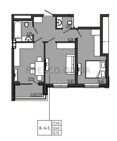 Двухкомнатная квартира · 55.13 м² · ЖК Сады ривьеры