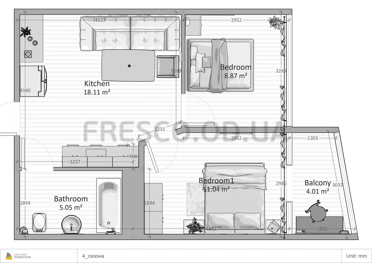 Двухкомнатная квартира · 48.2 м² · ЖК 4 сезона