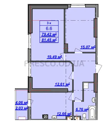 Трёхкомнатная квартира · 82.8 м² · ЖК Посейдон