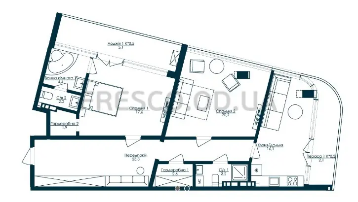 Двухкомнатные апартаменты · 98.3 м² · ЖК Kandinsky