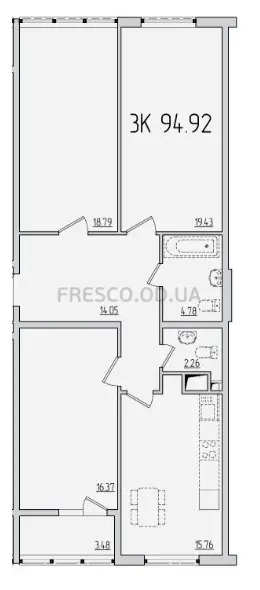 Трёхкомнатная квартира · 97.2 м² · ЖК 47 Жемчужина