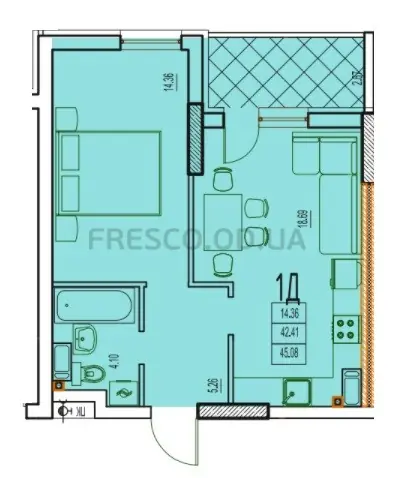 Однокомнатная квартира · 45.95 м² · ЖК Дерби