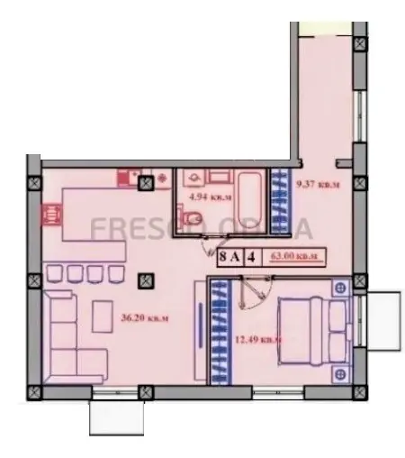 Двухкомнатная квартира · 63.0 м² · Малый Марсель 2