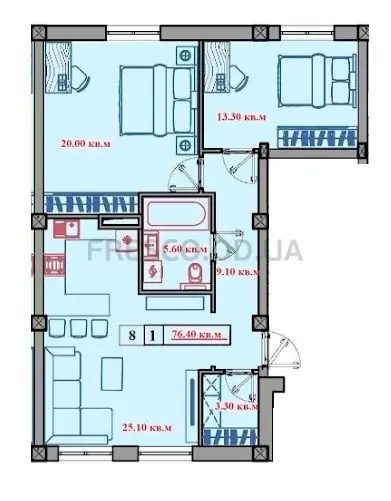 Двухкомнатная квартира · 76.4 м² · Малый Марсель 2