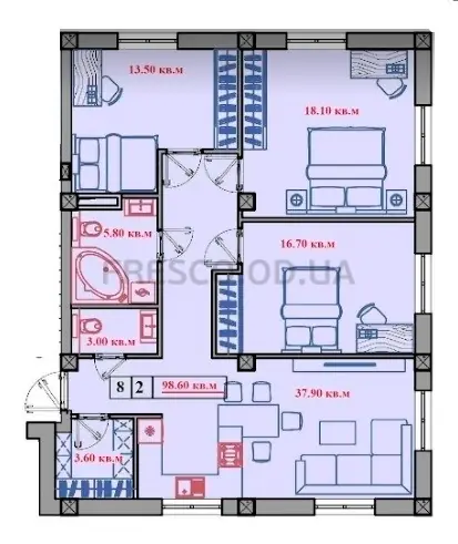 Трёхкомнатная квартира · 98.6 м² · Малый Марсель 2