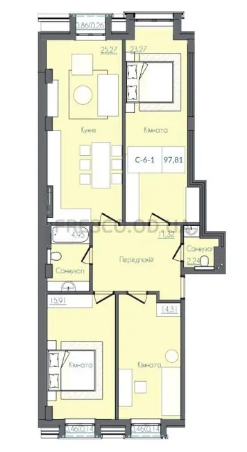 Трёхкомнатная квартира · 97.0 м² · ЖК Консул
