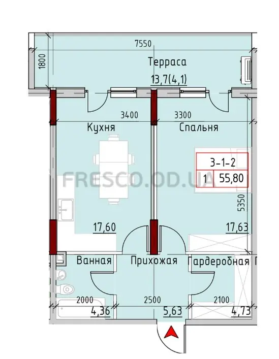 Однокомнатная квартира · 55.8 м² · ЖК MARINIST residence (Маринист Резиденс)