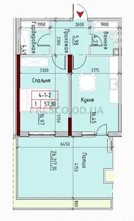 Однокомнатная квартира · 57.3 м² · ЖК MARINIST residence (Маринист Резиденс)