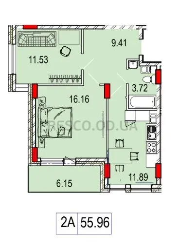 Двухкомнатная квартира · 55.96 м² · ЖК Дерби