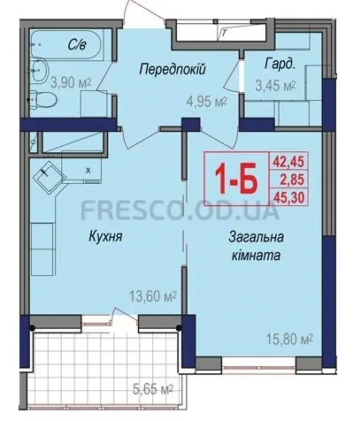 Однокомнатная квартира · 45.3 м² · ЖК Аврора