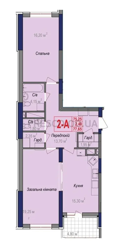 Двухкомнатная квартира · 77.65 м² · ЖК Аврора