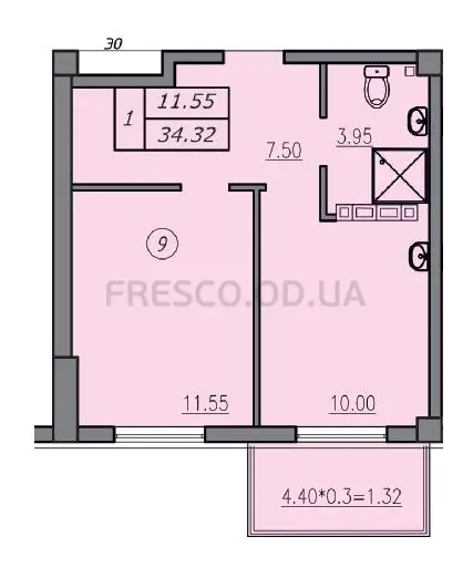 Однокомнатные апартаменты · 34.74 м² · ЖК Лидерсовский