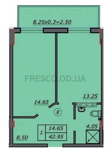 Однокомнатные апартаменты · 42.95 м² · ЖК Лидерсовский