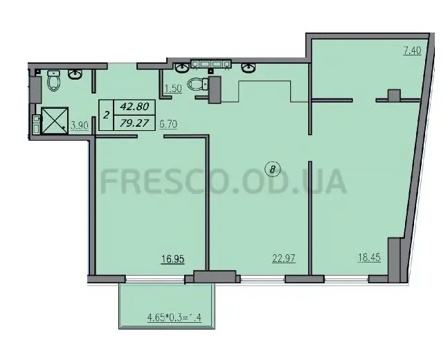 Двухкомнатные апартаменты · 79.27 м² · ЖК Лидерсовский
