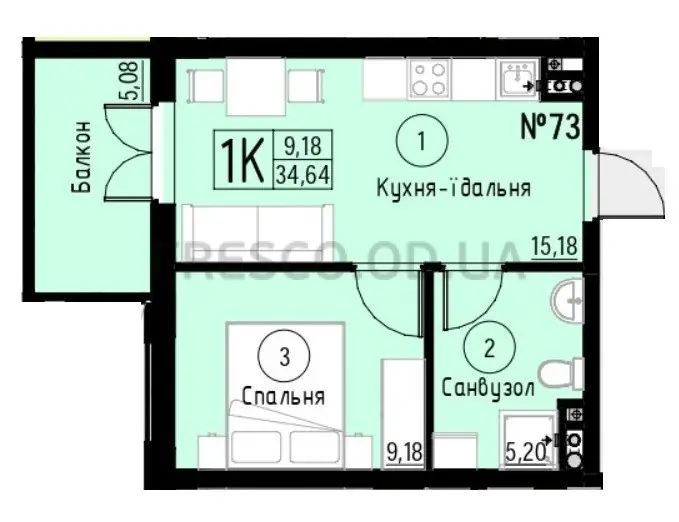 Однокомнатная квартира · 34.64 м² · ЖК Акварель-7