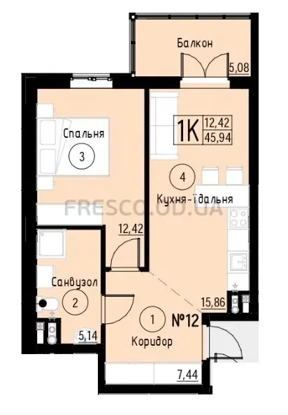 Однокомнатная квартира · 45.94 м² · ЖК Акварель-7