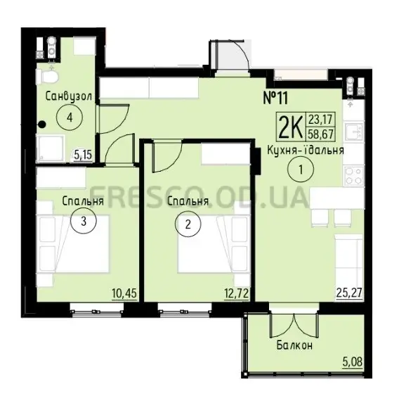Двухкомнатная квартира · 58.67 м² · ЖК Акварель-7