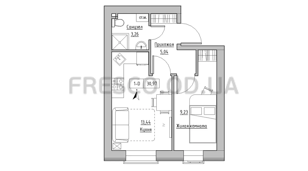 Однокомнатная квартира · 30.97 м² · ЖК Кекс (Keks)