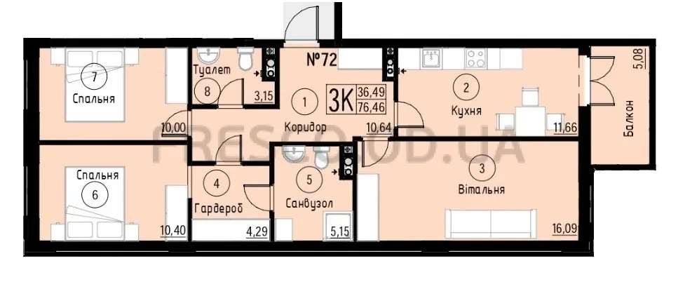 Трёхкомнатная квартира · 76.46 м² · ЖК Акварель-7