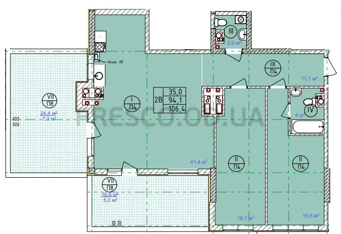 Двухкомнатная квартира · 103.8 м² · ЖК Таировские сады
