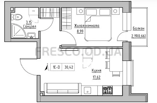 Однокомнатная квартира · 30.42 м² · ЖК Кекс (Keks)