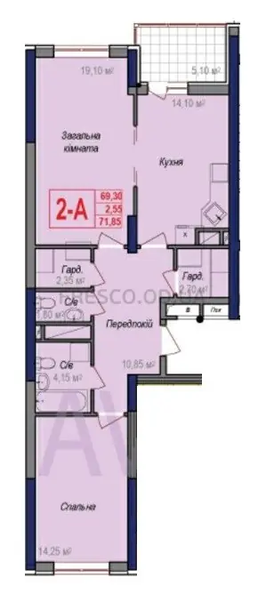 Двухкомнатная квартира · 71.85 м² · ЖК Аврора
