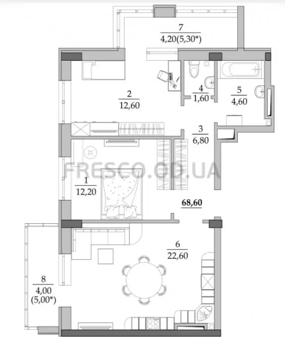 Двухкомнатная квартира · 70.0 м² · ЖК Таировские сады