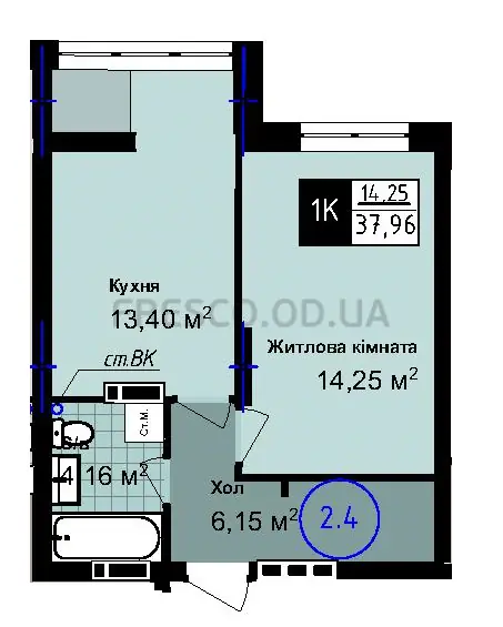Однокомнатная квартира · 37.96 м² · ЖК Sea Town